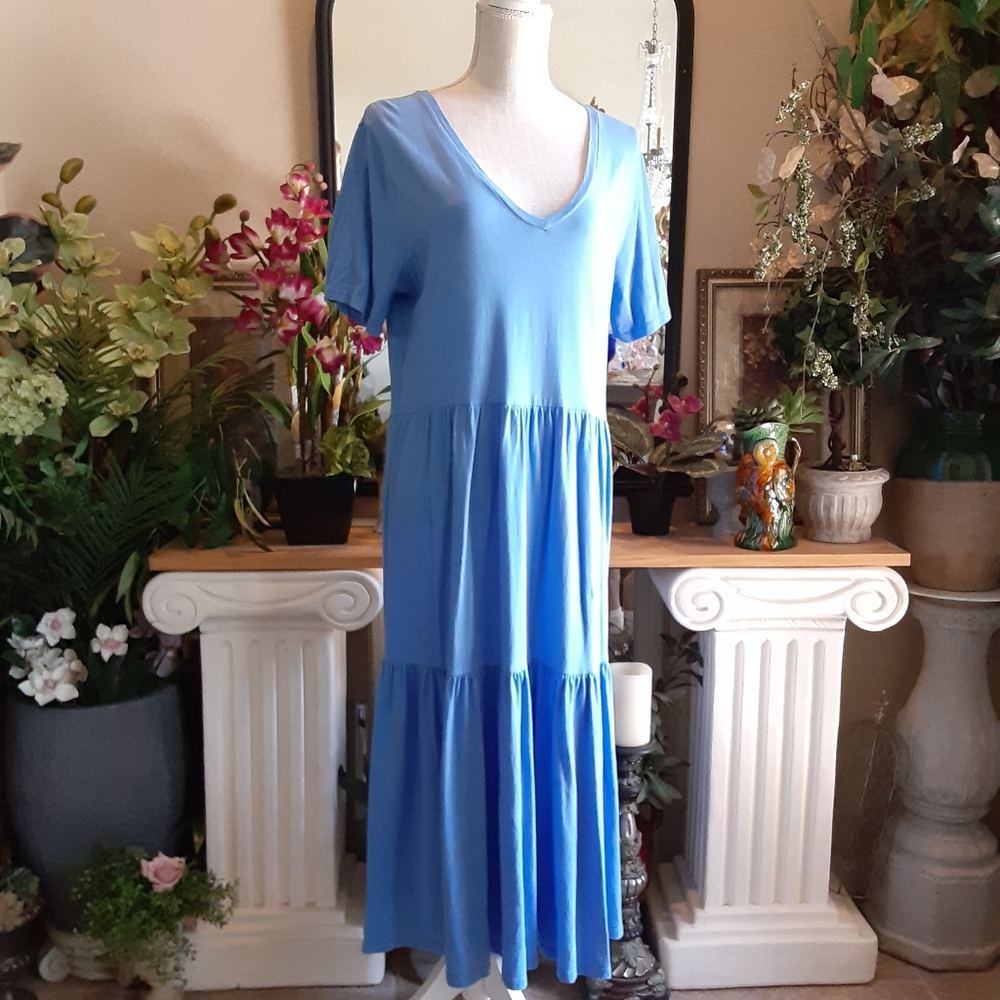 J. Crew Blue Cotton V Neck SS Modest Maxi Size Large